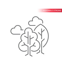 Trees with clouds line vector icon. Tree, cloud, outdoor concept or nature environment outline icon. Editable stroke.