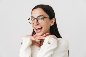 Photo of excited businesswoman in eyeglasses laughing at camera