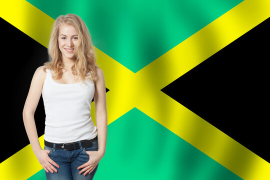 Travel and study in Jamaica concept with Pretty girl student against Jamaica flag background