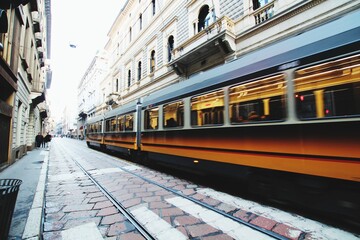 Fototapeta na wymiar Fast Moving Tram In City