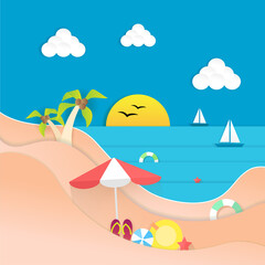 Fototapeta na wymiar Summer beach paper poster, background. For wallpaper, banner and placard. Summer beach template for flyer and leaflet design. Creative art concept. Vector illustration of summer paper background