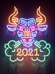 Neon light happy Chinese new year 2021. Year of the bull.