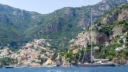 Luxury boat in Positano seen from the sea, Amalfi coast, Italy