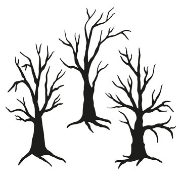 Vector spooky, scary trees silhouette on broom for halloween template. 