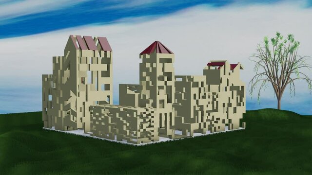 Construction of the city, from randomly stacked building elements, creates houses and skyscrapers. 3f render landscape with a tree, against the background blue sky with clouds. fullHD animation