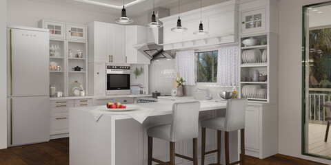 Modern kitchen 3d render. table with chairs. kitchen utensil