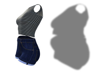 Conceptual fat overweight obese female clothes outfit vs slim fit healthy body after weight loss or diet thin young woman isolated. A fitness, nutrition or fatness obesity health shape 3D illustration