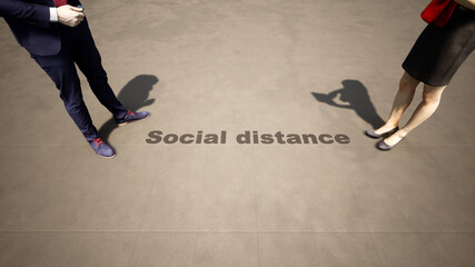 Concept or conceptual 3d illustration of a man to woman meeting following social distance guidelines on a wooden floor background. A metaphor for the change in company relations during the lockdown.