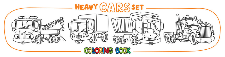 Funny heavy cars with eyes. Coloring book set