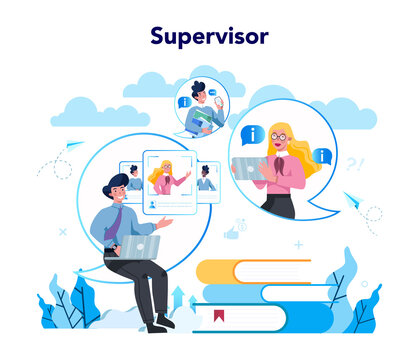Supervisor manager concept. Specialist guiding employees with their