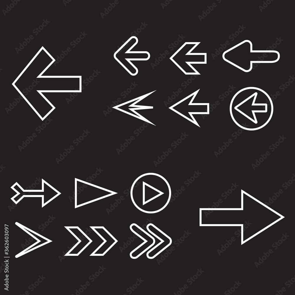 Poster arrow icon set isolated on black background. trendy thin line collection of different arrow icons in