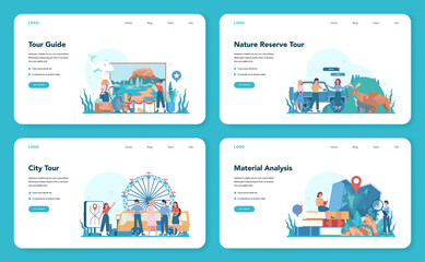 Tour vacation guide web banner or landing page set. Tourists listening