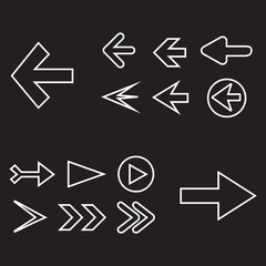 Arrow icon set isolated on black background. Trendy thin line collection of different arrow icons in flat style for web site.Creative arrows right and left template for app and ui. Vector illustration