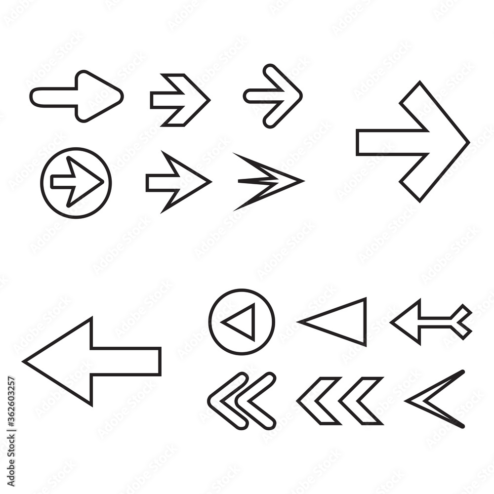 Poster Arrow icon set isolated on white background. Trendy thin line collection of different arrow icons in flat style for web site.Creative arrows right and left template for app and ui. Vector illustration