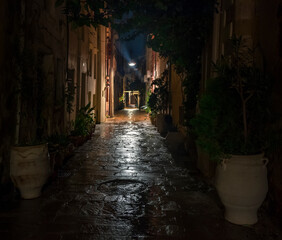 Old town street at night after the rain