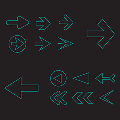 Arrow icon set isolated on black background. Trendy thin line collection of different arrow icons in flat style for web site.Creative arrows right and left template for app and ui. Vector illustration