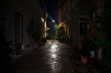 Old town street at night after the rain