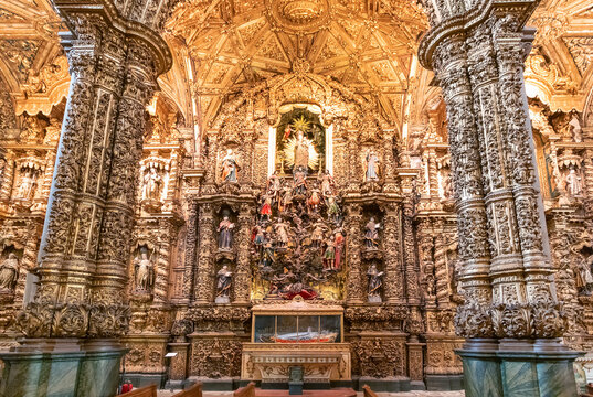 Oporto, Portugal - July 20, 2019: Interior of gothic church of Saint Francis (Igreja de Sao Francisco) with Jess&eacute; tree altarpiece, in Porto, Portugal