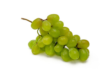 a branch of green grapes with drops horizontally on a white background