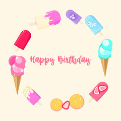Happy birthday colorful ice cream greeting card template.