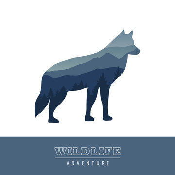 wildlife wolf blue forest landscape silhouette vector illustration EPS10