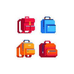 backpacks pixel art icons set. Flat style. 8-bit. Isolated vector illustration. Design for stickers, logo, embroidery, mobile app.