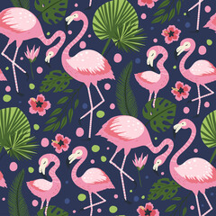 Flamingo bird vector seamless pattern. Cartoon tropical summer background with pink exotic jungle animal, tropic palm and flowers. Kid illustration.