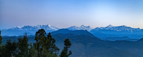 Beautiful landscape of Himalayan snow mountains from Chaukori, Uttarakhand, India