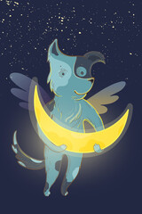 Obraz na płótnie Canvas Vector children fairy illustration with dreamy dog and moon.