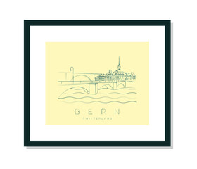 Fototapeta premium Bern poster, Aare river, bridge and the old town, vector illustration and typography design, Switzerland