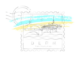 Bern stamp, Aare river, bridge and the old town, vector illustration and typography design, Switzerland