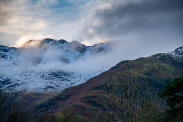 View of the Langdale Valley, English Lake district on a winter evening
