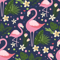 Flamingo bird vector seamless pattern. Cartoon tropical summer background with pink exotic jungle animal, tropic palm and flowers. Mother and baby kid illustration.