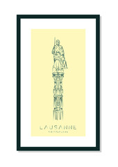 Lausanne poster, Lady Justice statue, vector illustration and typography design, Switzerland