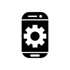 smartphone with gear wheel icon on screen, silhouette style