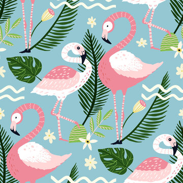 Tropical pink flamingo bird seamless summer pattern. Exotic ornate vector wallpaper with pink wild animals and jungle floral illustrations on a blue background.