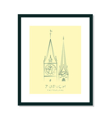 Zurich poster, vector illustration and typography design, Fraumünster tower or church and saint peter church, Switzerland