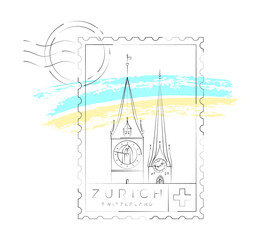 Zurich stamp, vector illustration and typography design, Fraumünster tower or church and saint peter church, Switzerland
