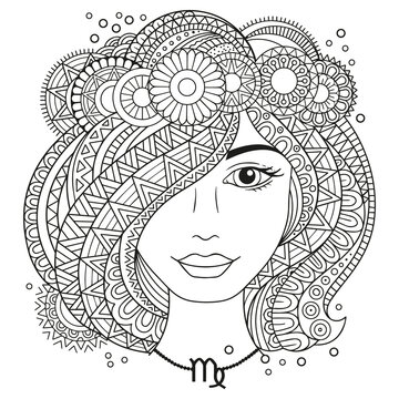 Vector coloring book for adults. Silhouette of woman isolated on white background. Zodiac sign virgo.