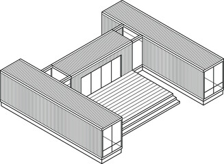 3D Line-art drawing of a house/building made out of shipping containers.