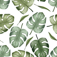 Realistic colorful tropical palm monstera leaves vector seamless pattern. Jungle botanical summer background. Exotic green nature wallpaper.