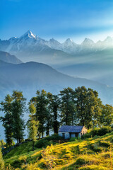 View of beautiful Panchchuli Peaks of the Great Himalayas as seen from Munsiyari, Uttarakhand, India.