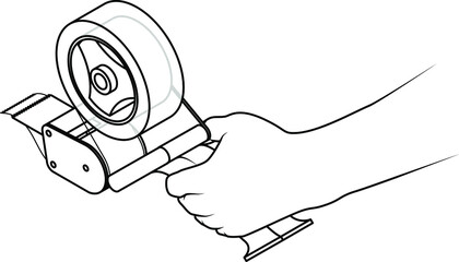 Hand holding a packing tape role dispenser. Line drawing.