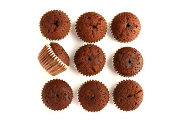 Tasty muffin cakes with chocolate, isolated on white