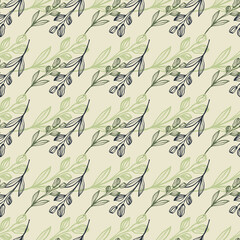 Horizontally lined flower print in pastel colours. Beige background with green and purple branches.