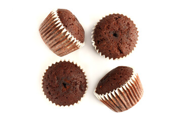 Tasty muffin cakes with chocolate, isolated on white