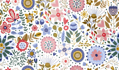 Floral ornate seamless cartoon pattern. Summer vector vintage background. Textured  flower summer illustration. Decorative botanical drawing.