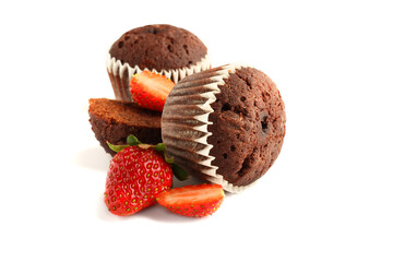 Tasty muffin cakes with strawberries and chocolate, isolated on white