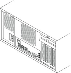 Back of a generic desktop PC showing a variety of connector ports.  USB, ethernet, sound in, line out, headphones, HDMI, VGA, and four expansion slots.