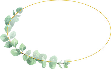 Watercolor eucalyptus gold frame on white background. Beautiful template for invite or greeting card, banner, backdrop.